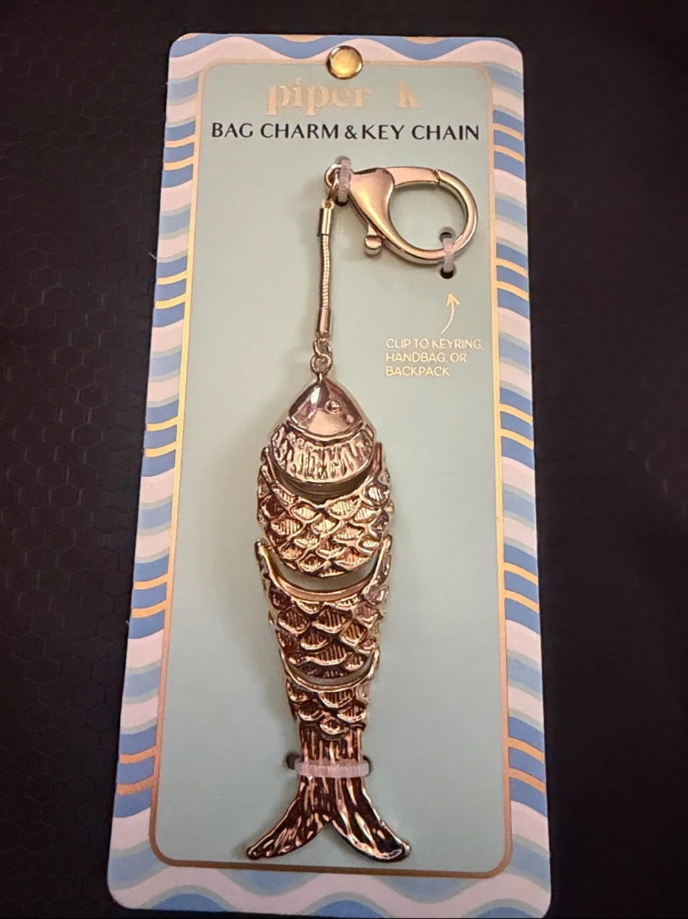 piper•k Gold Tone Fish Bag Charm Keyring